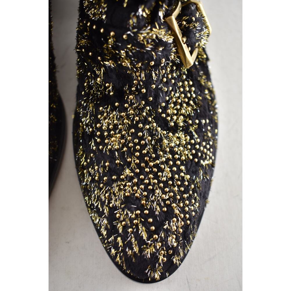 Chloe Suzanna Black Gold Velvet Coupe Studded Short Zipper Ankle Heel Bootie 37 - Picture 8 of 15